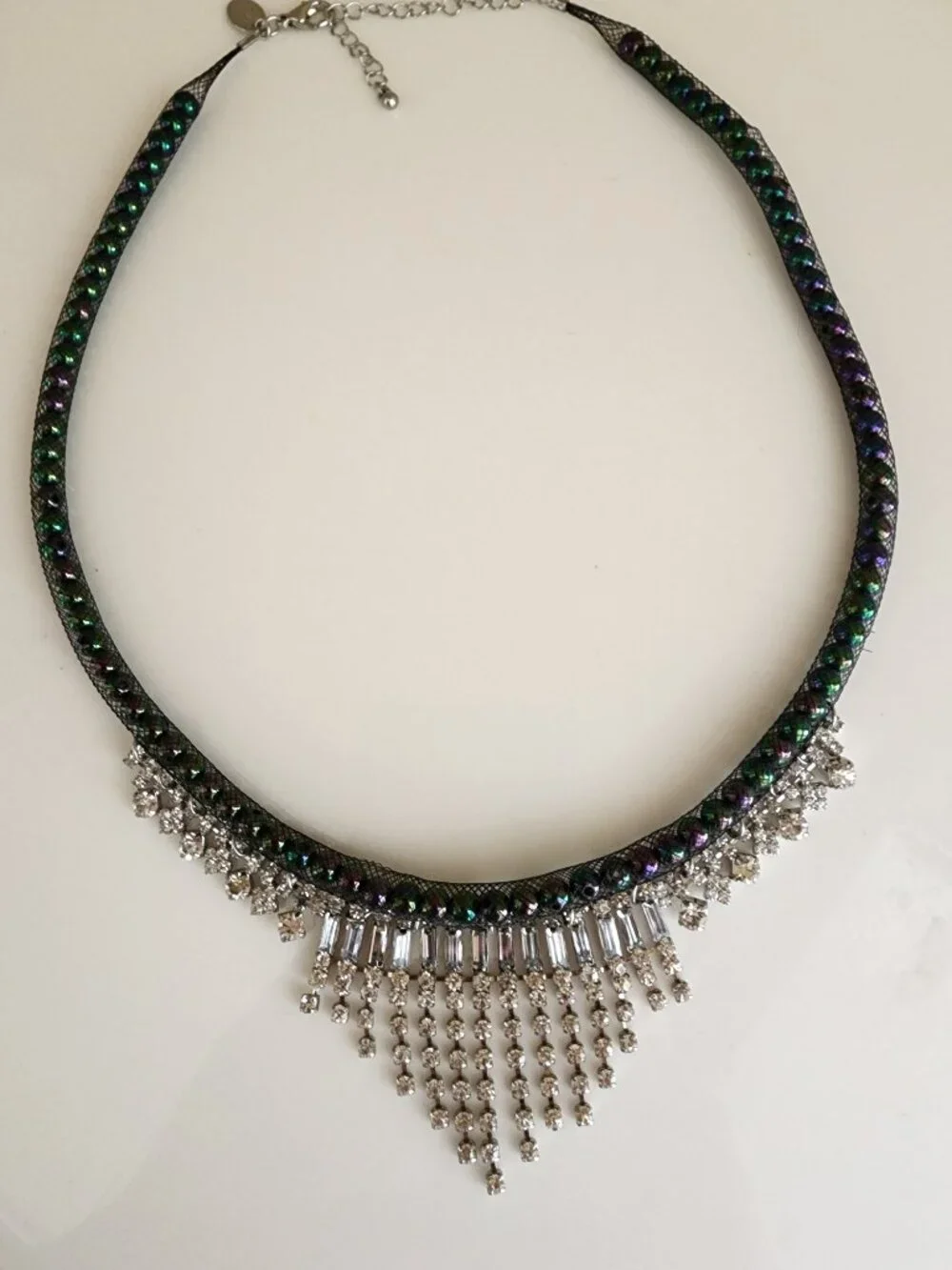 Rhinestone Cascade Fringe Black Iridescent Peacock Green Purple Bead Necklace